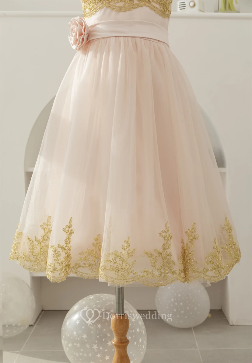 Jewel-neck Two-Tone Applique A-line Tulle Empire Flowergirl Dress view 9
