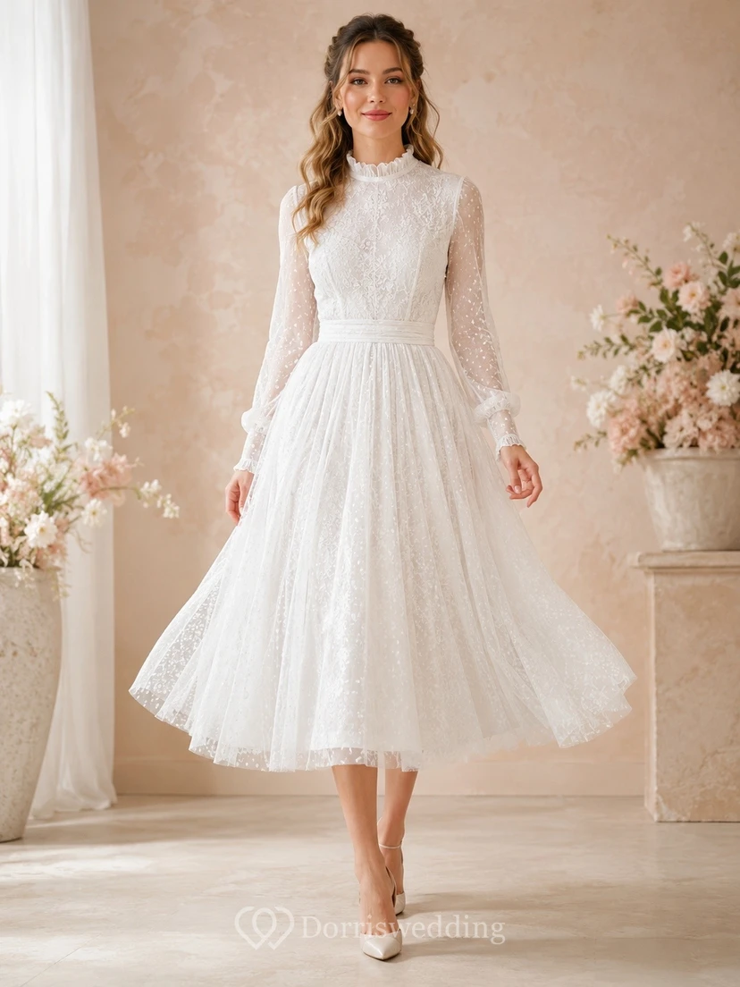 High-Neck Long Sleeve Lace Tulle Tiered A-Line Tea-Length Wedding Dress