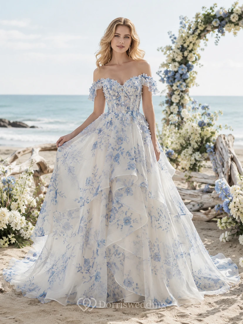 Blue Floral Off Shoulder Organza A Line Seaside Wedding Dress