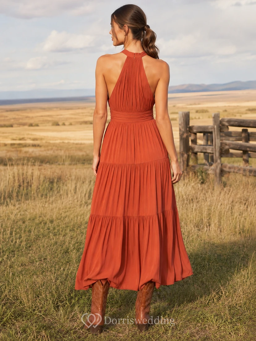 Terracotta halter tiered ranch wedding guest midi dress view 2
