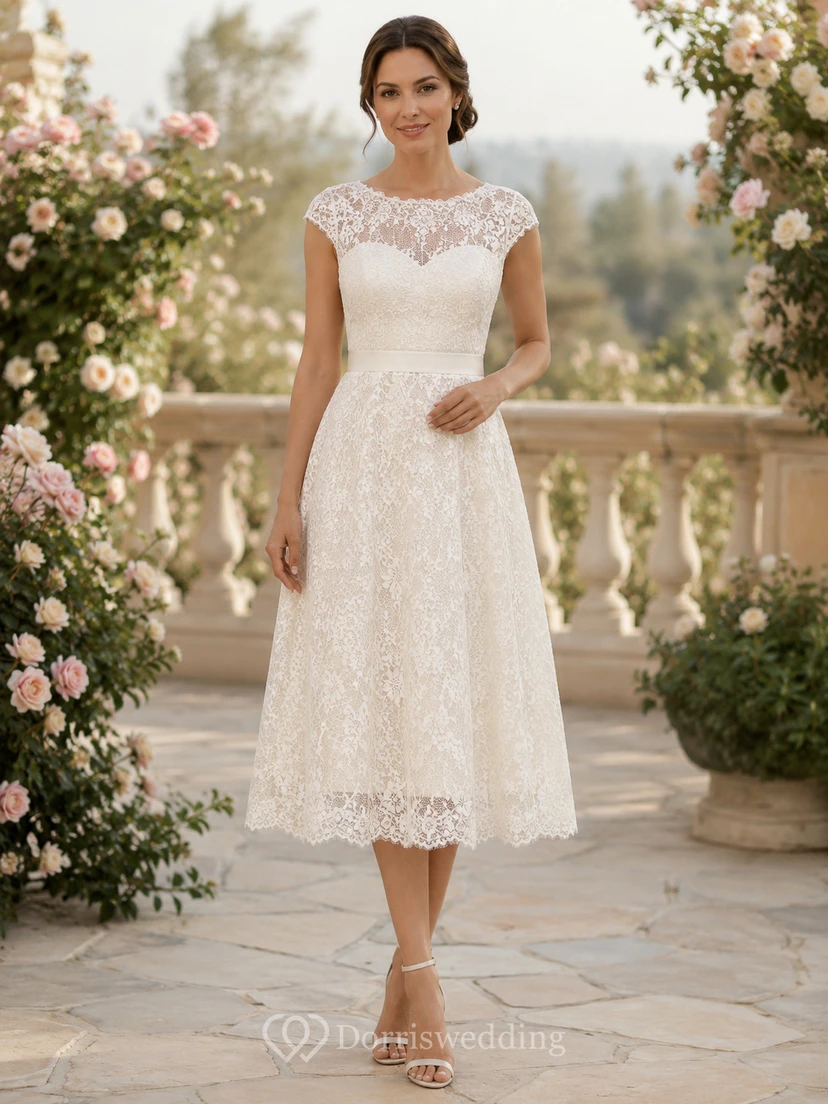 Robe de mariée civile romantique en dentelle à manches courtes et décolleté en cœur, style bateau, pour un mariage court
