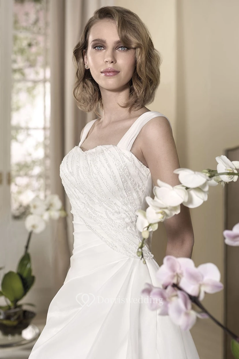 A-Line Floor-Length Sleeveless Strapped Beaded Wedding Dress With Side Draping view 3