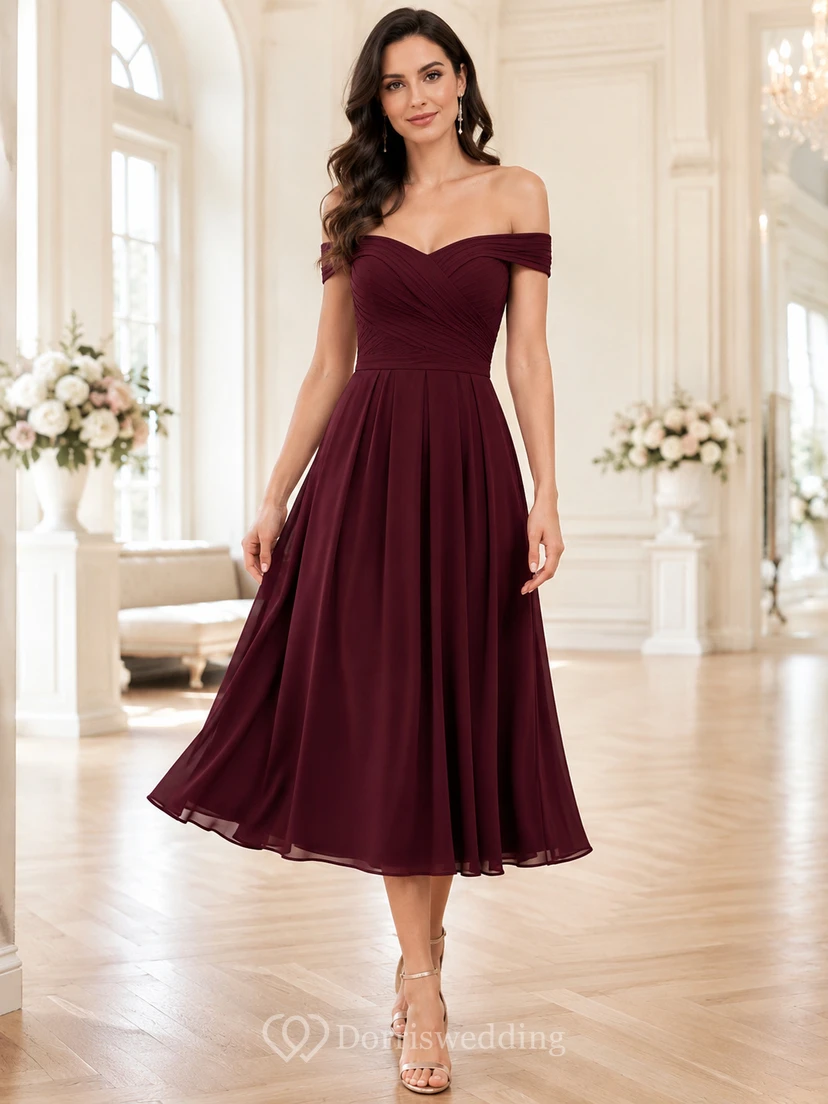 Burgunderfarbenes Chiffon-Abendkleid im A-Linien-Stil mit Teelänge und schulterfreiem Oberteil von Jugendweihe