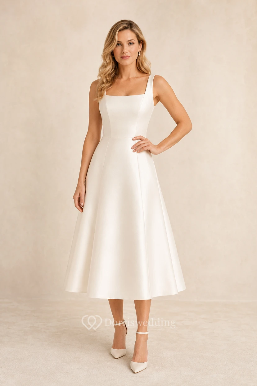 Robe de mariée en satin longueur thé à col carré