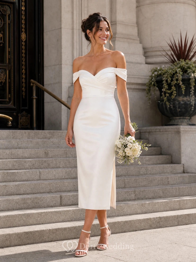 Robe de mariée midi en satin ivoire à épaules dénudées, longueur thé view 9