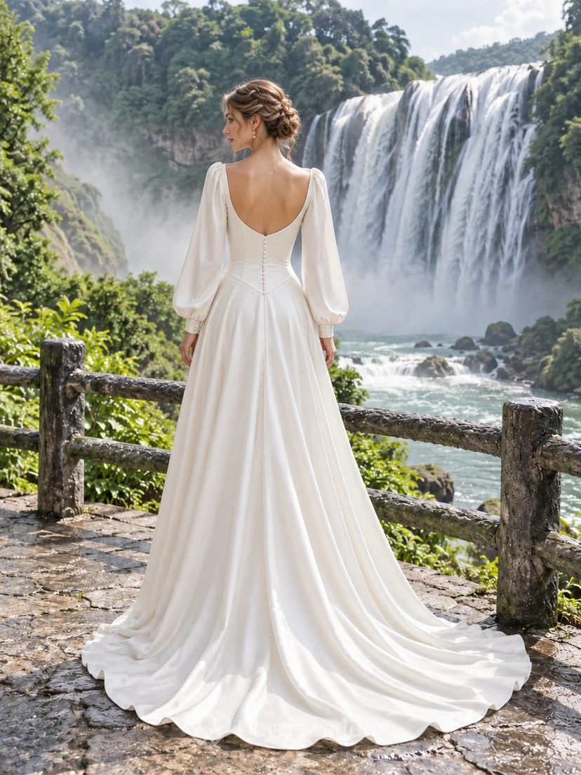 Vestido de novia sencillo de satén de corte A con escote corazón y manga larga. view 2