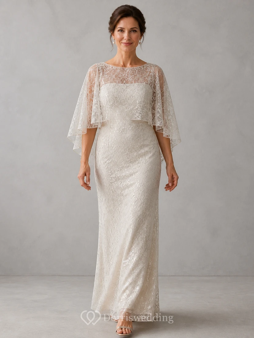 Robe fourreau en dentelle drapée et sobre pour mariées d'âge mûr, longueur au sol, décolleté bateau, manches courtes, robe de mère de la mariée