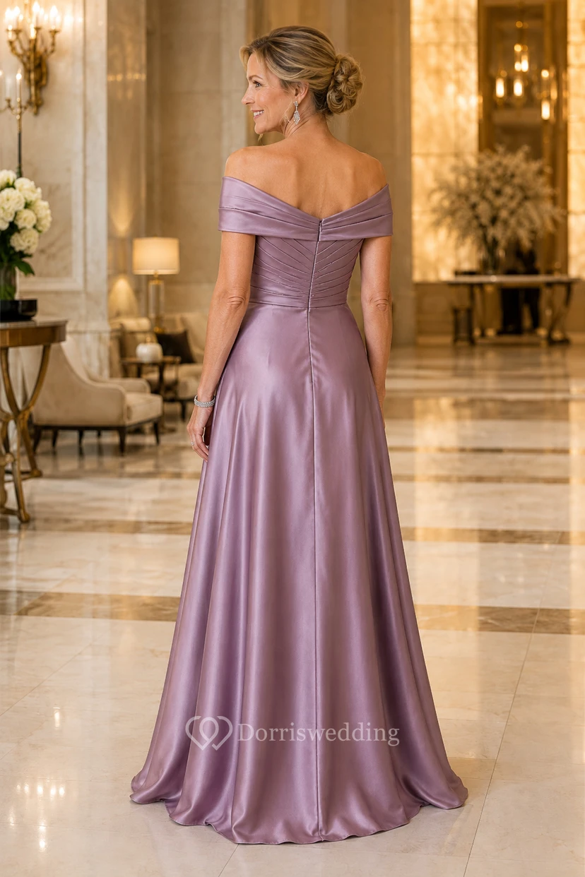 Vintage-Mauvefarbenes, schulterfreies A-Linien-Kleid aus Satin mit gerafftem Oberteil view 2