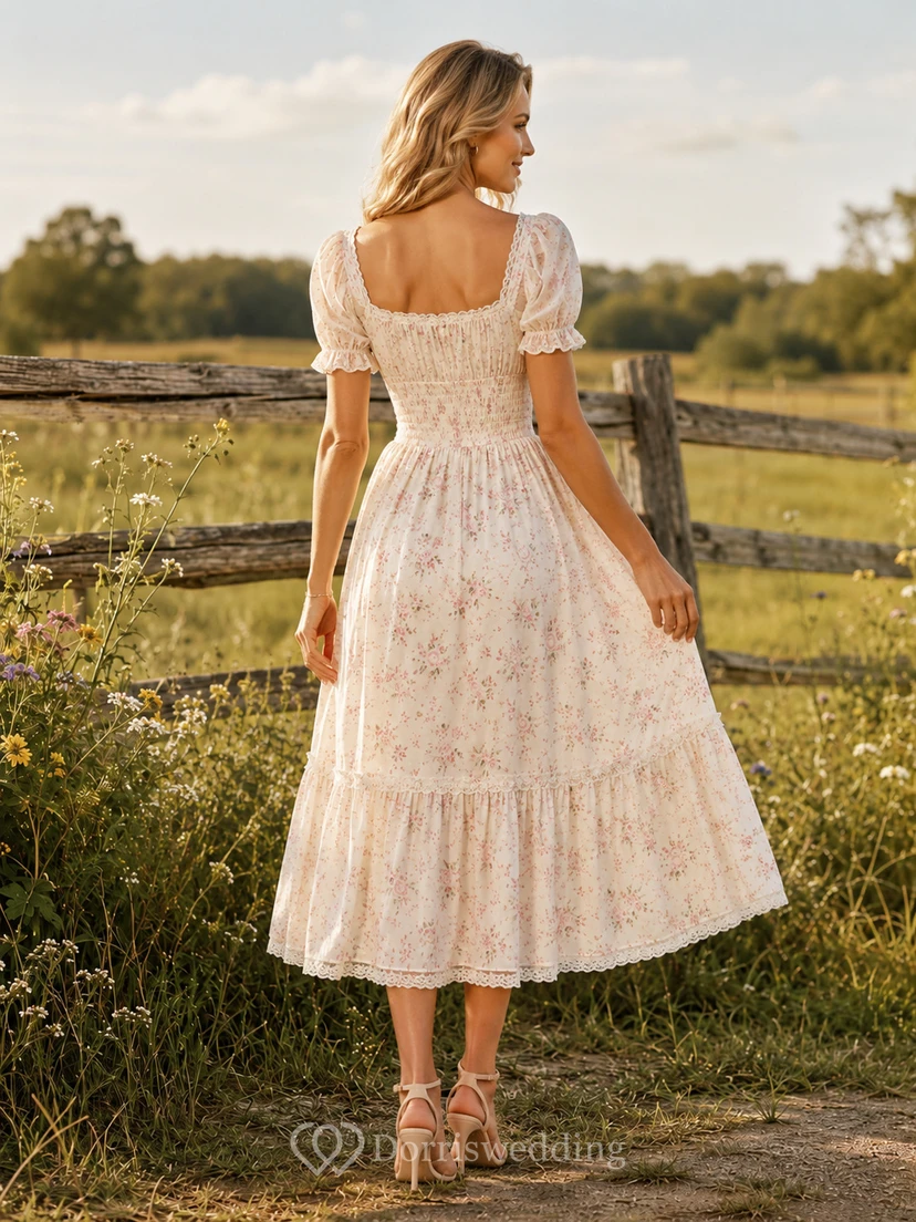 Meadow Keepsake Ivory A-Line Tea-Length Square Short-Sleeve Cotton Vintage Guest Dress view 2