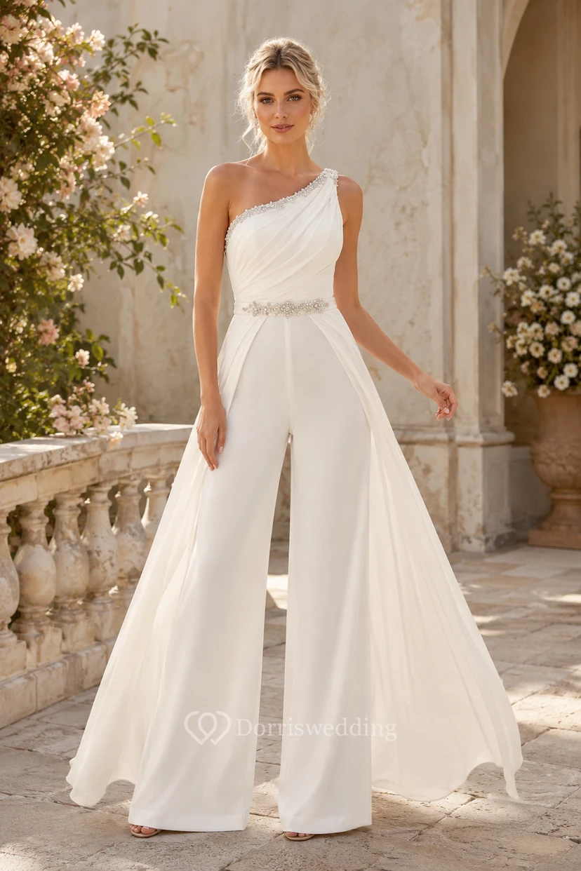 White One-Shoulder Bridal Jumpsuit with Chiffon Overskirt