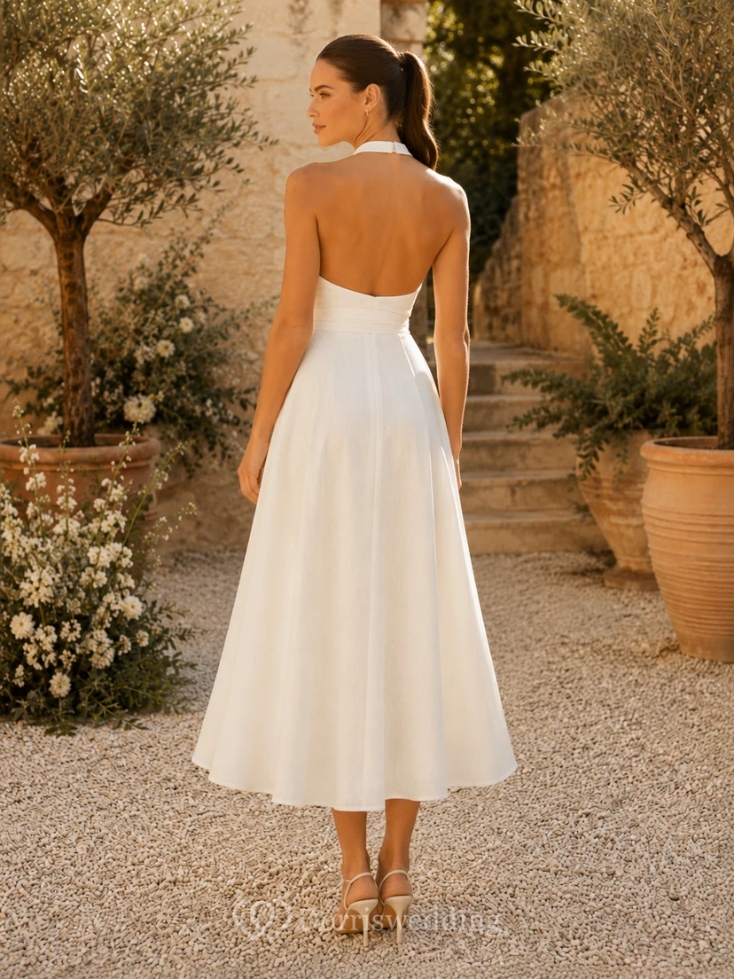 Vestido de novia de corte halter hasta la rodilla para fugas nupciales en jardines traseros abiertos view 2