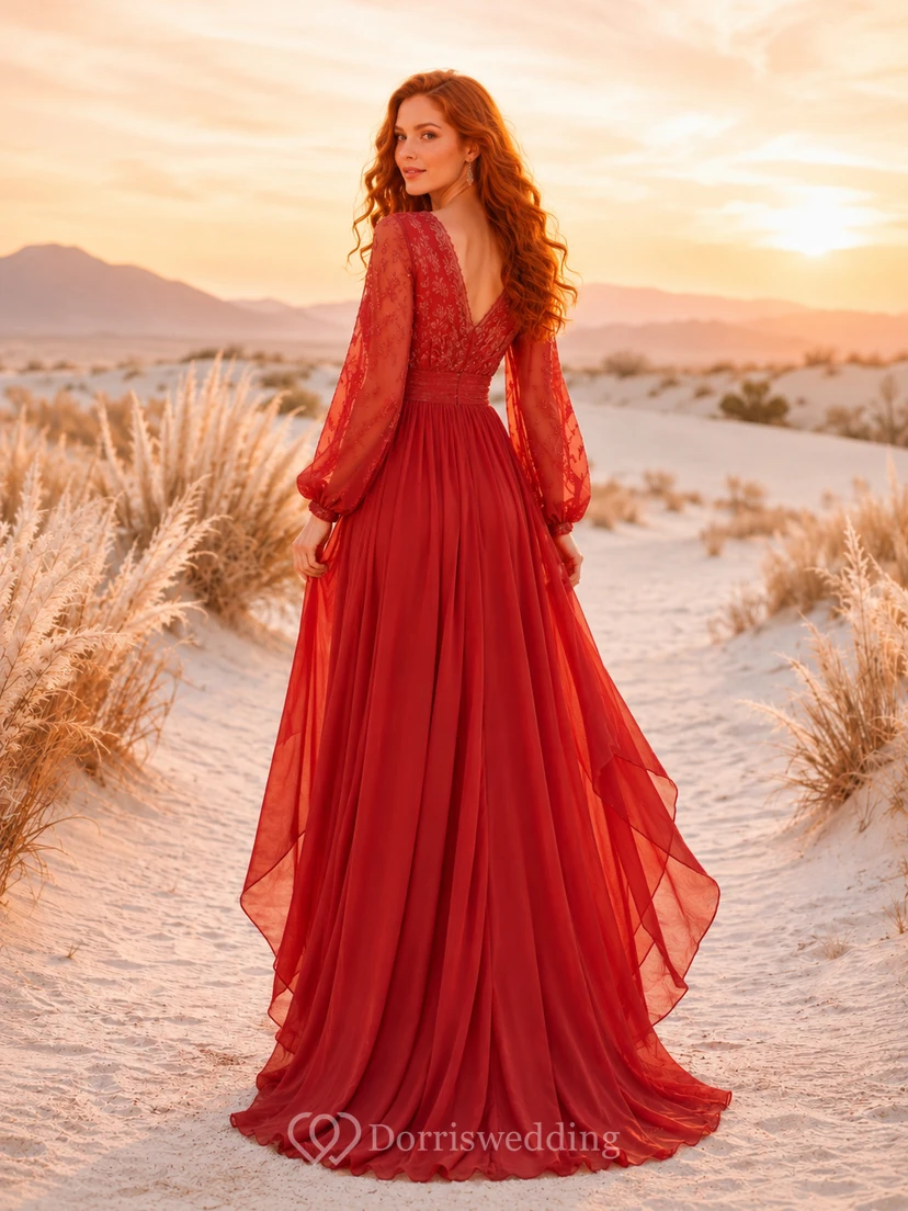 Red Boho Long Sleeve Lace Chiffon Wedding Dress view 2