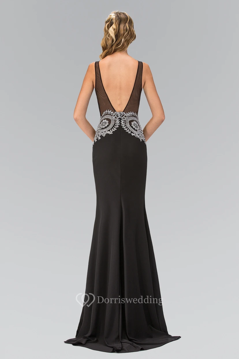 Sheath Long V-Neck Sleeveless Jersey Deep-V Back Dress With Appliques view 2