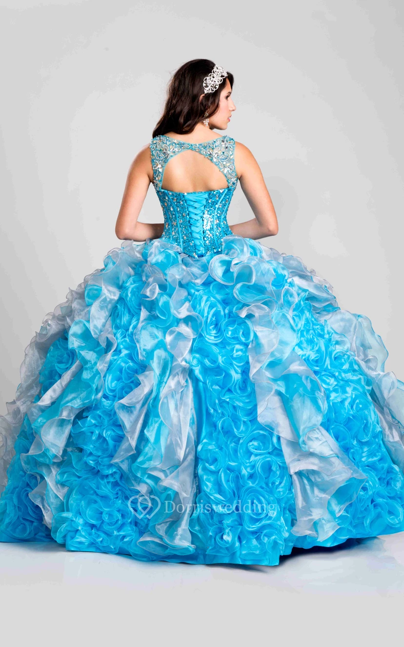 Sleeveless Keyhole Ball Gown With Cascading Ruffles And Lace-Up Back view 2