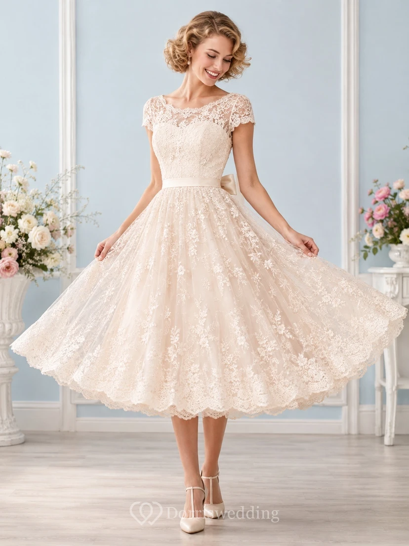 Romantisches Vintage-Brautkleid mit Teelänge, U-Boot-Ausschnitt, kurzen Ärmeln, Spitze, A-Linie und Schleife