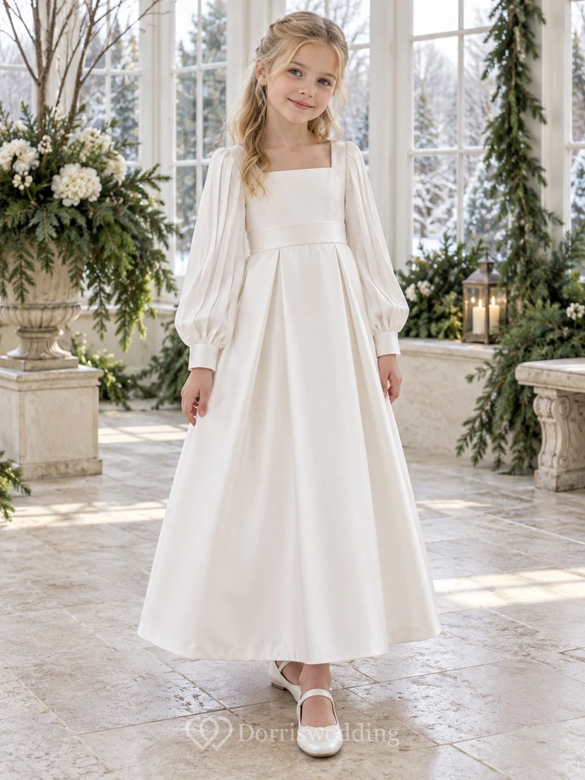 White Satin Square Neck Long Bishop Sleeve Ankle Length Flower Girl Dress