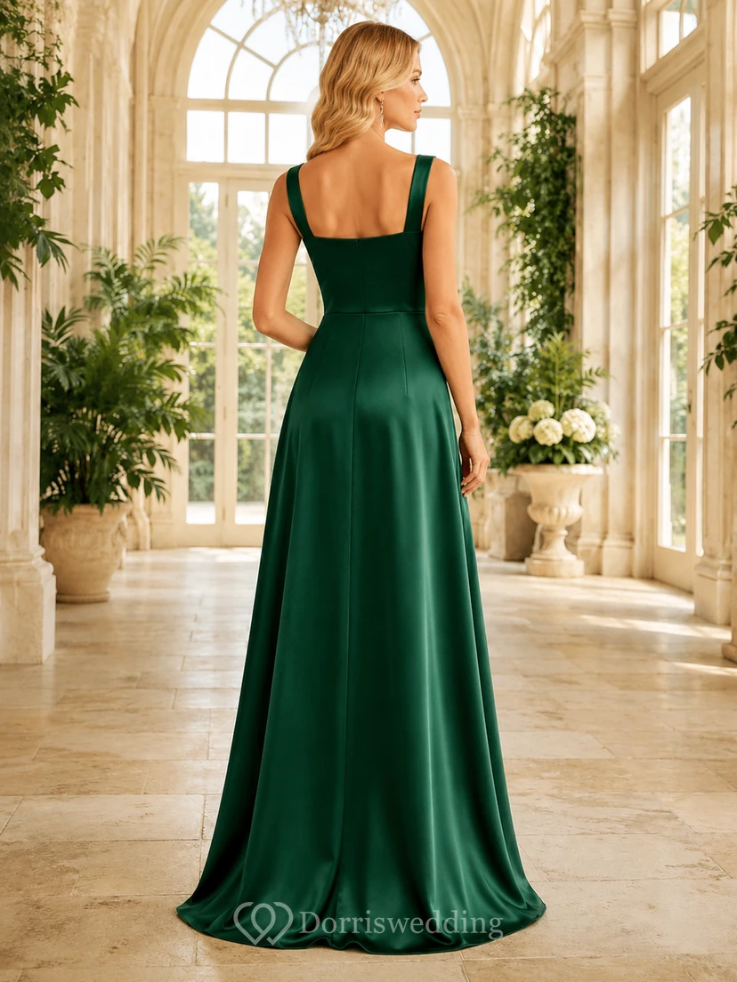 Dark Green Square Neck Satin Slit Formal Dress view 2