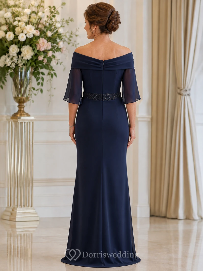 Dark Navy Cape Sleeve Mother Mermaid Gown Dark Navy Off-the-shoulder Mermaid Floor-length view 2