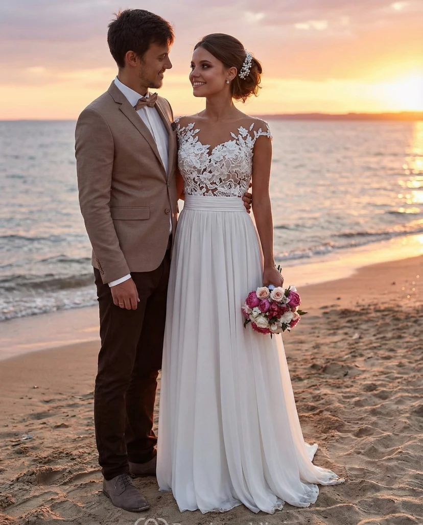 Vestido de novia bohemio de gasa con mangas cortas para la playa