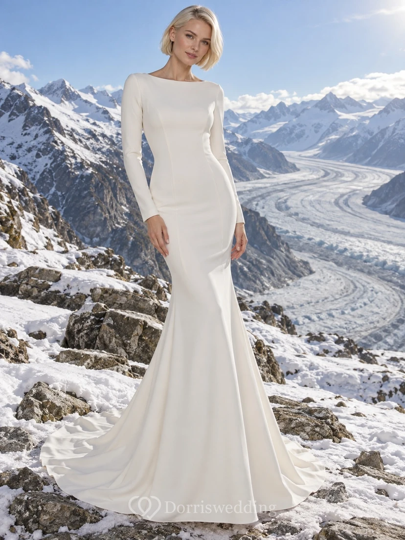 Vestido de novia sencillo y modesto, estilo sirena, con escote barco, mangas largas y cola corta.