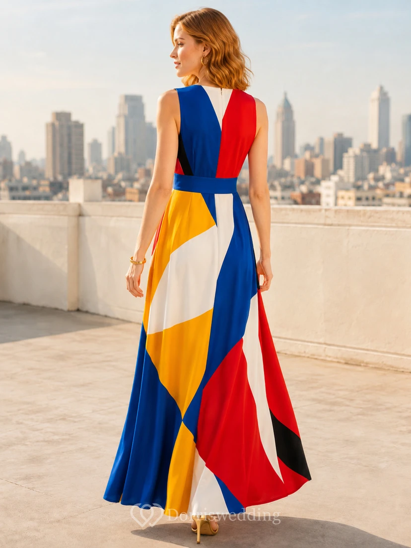 Robe maxi imprimée à blocs de couleur et imprimé abstrait, sans manches, col en V, pour toutes les occasions view 2