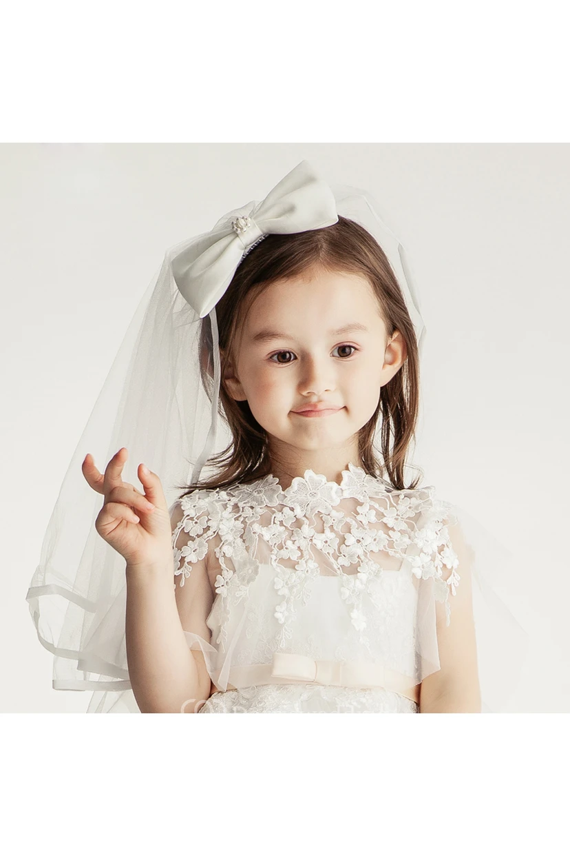 Flower Girl Wedding Tulle Veil With Beaded Bow view 2