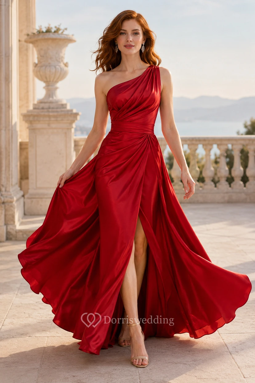 Vestido formal rojo de un solo hombro, corte en A con abertura