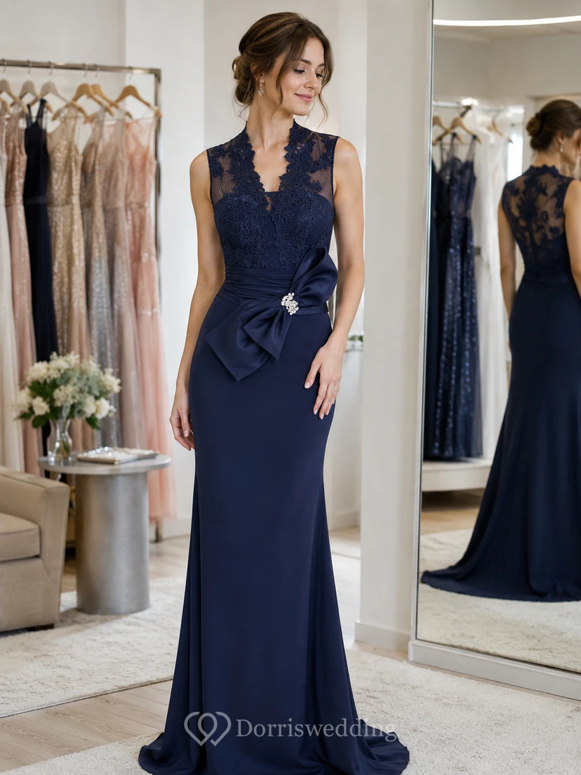 Sheath V-Neck Bowed Floor-Length Sleeveless Jersey&Lace Prom Dress With Appliques view 8
