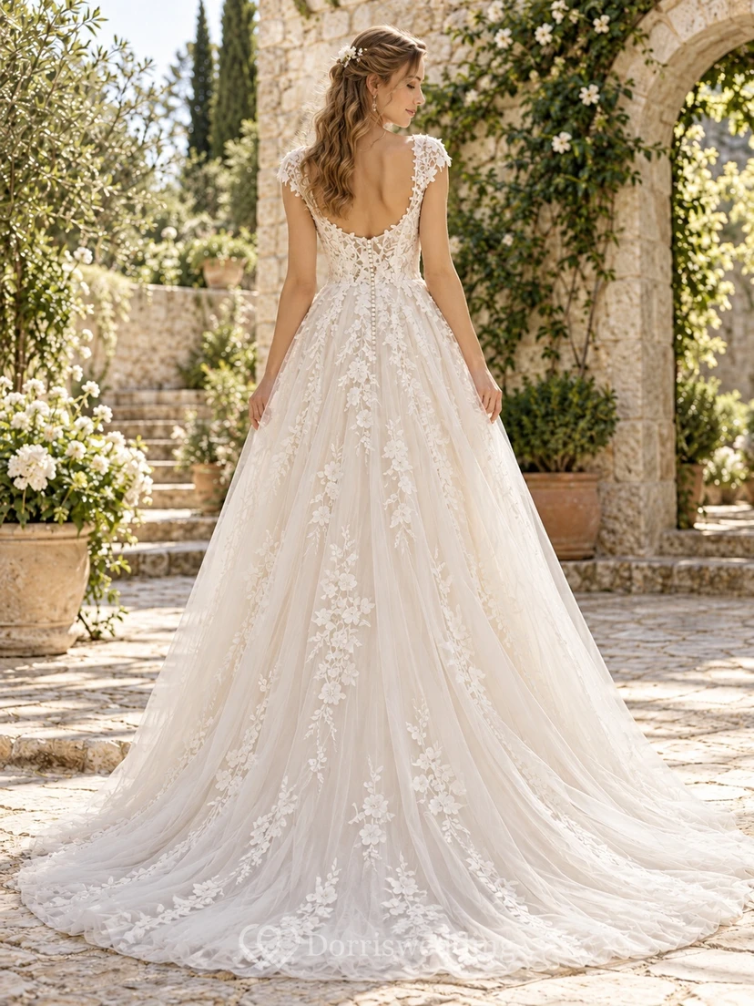 Floral Scoop Neck Cap Sleeve Tulle A-line Train Wedding Dress view 2