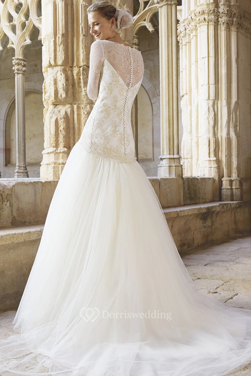 A-Line Long Sleeve Bateau Neck Appliqued Dropped Tulle Wedding Dress view 2