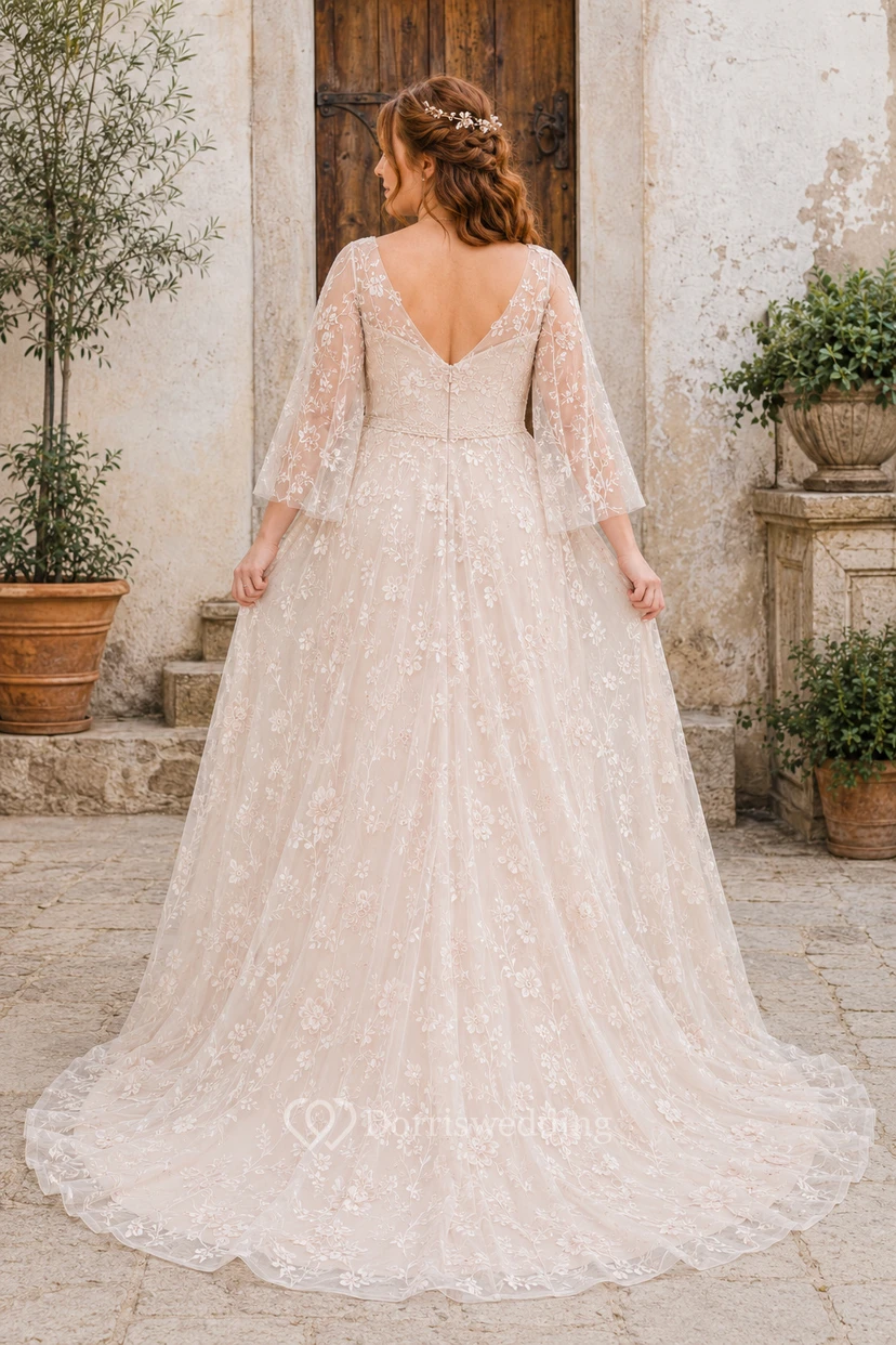 Plus Size Ivory V-Neck Long Sleeve Lace A-Line Wedding Dress with Bell Sleeves view 2