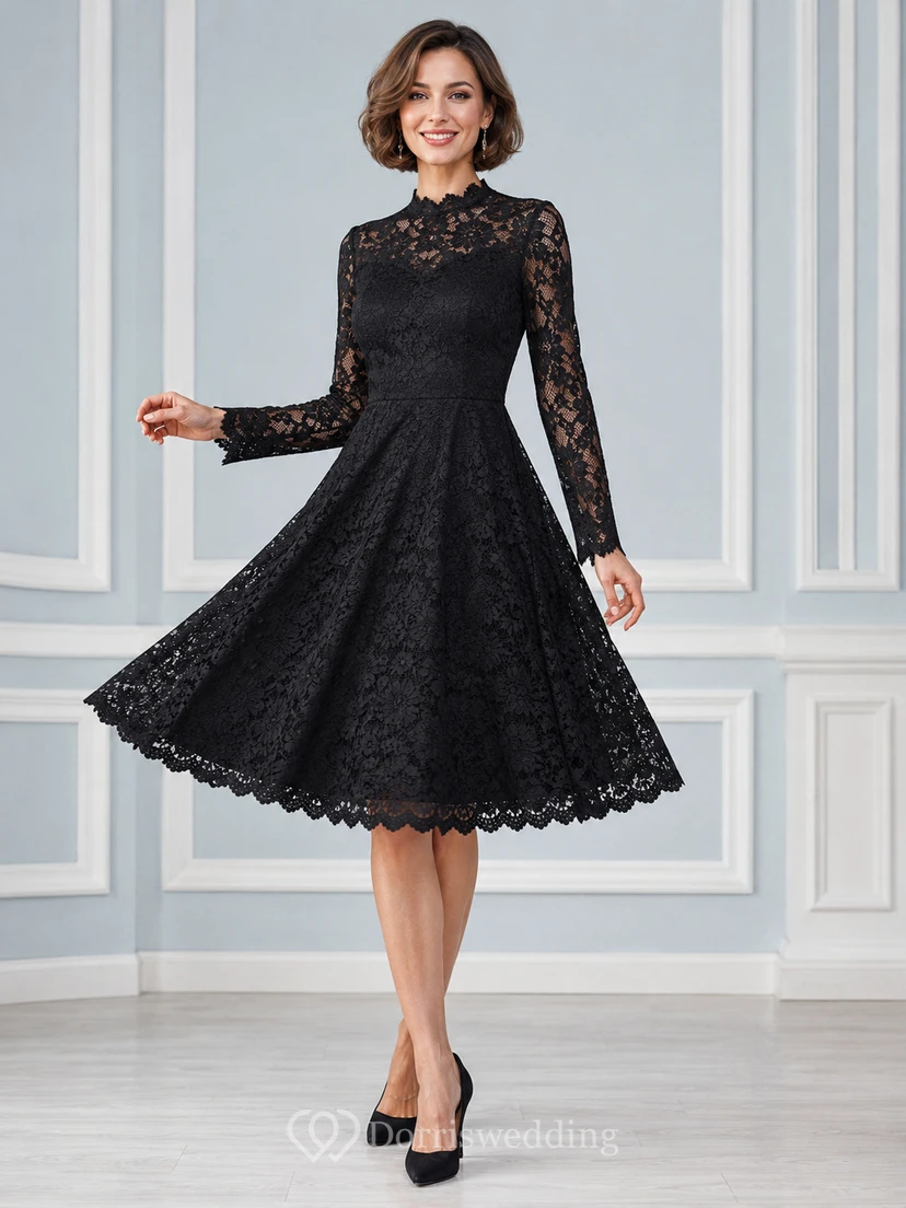 Schwarzes Vintage-Cocktailkleid in A-Linie mit hohem Kragen, Illusion-Spitze und langen Ärmeln