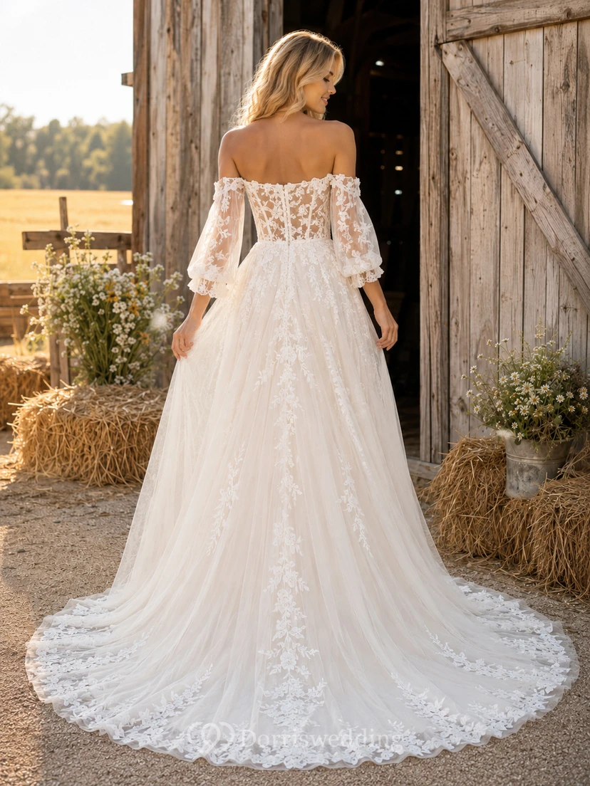 Lace Tulle Wedding Dress A-Line V-Neck Sleeveless Chapel Train Bridal Gown view 2