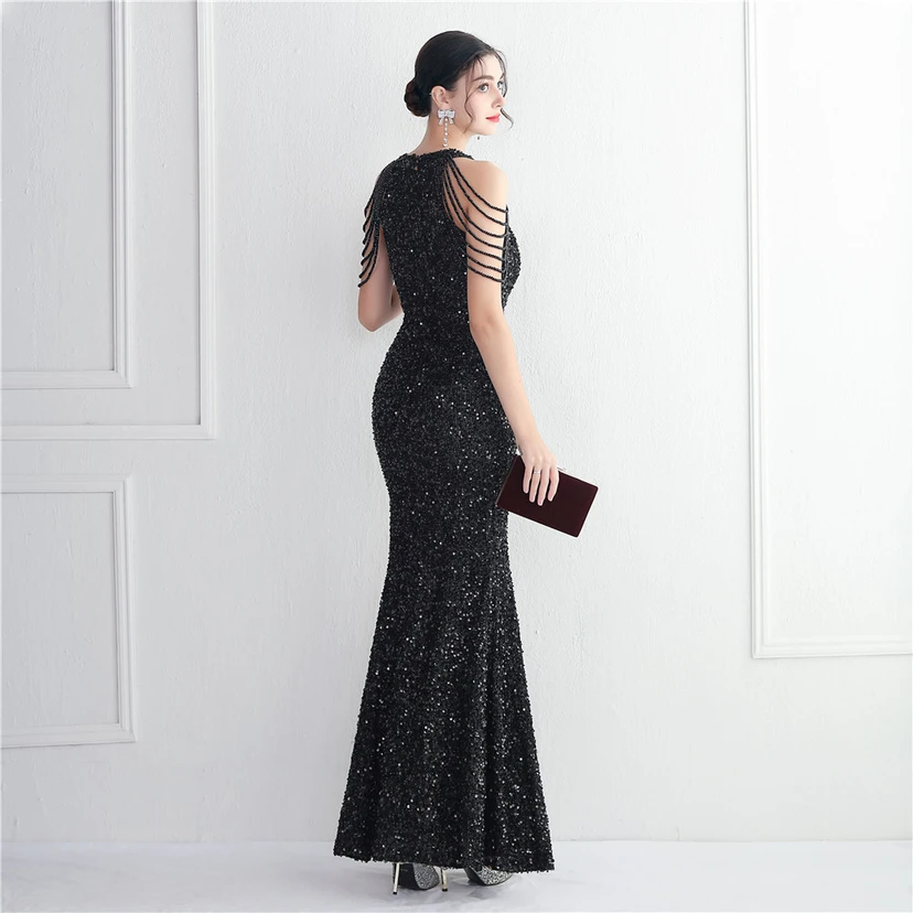 Heavy-Duty Glass Bead Craft Beaded Banquet Evening Dress Temperament Elegant Long Halter Neck Slit Sequins view 66