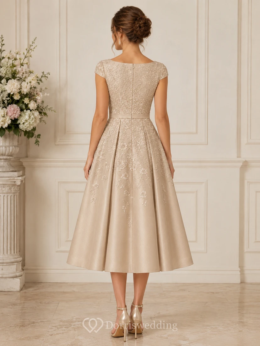 Champagne Lace Cap Sleeve Tea-Length Formal Dress view 2