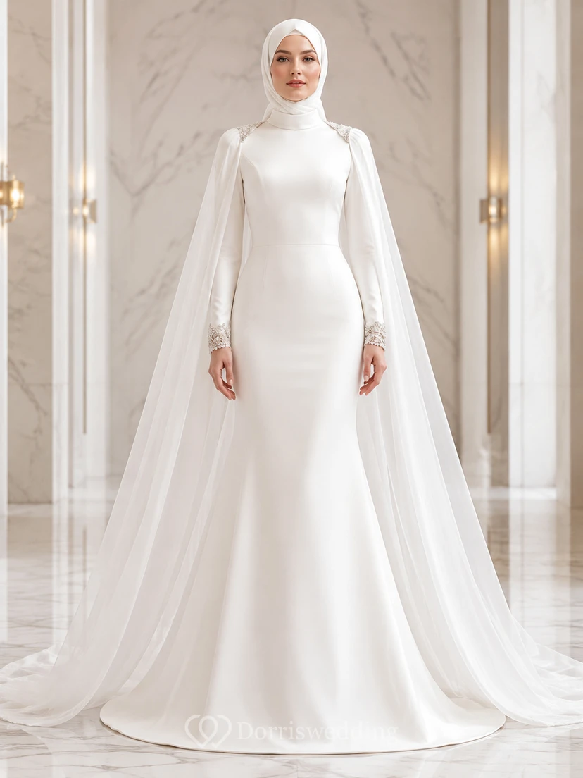 Modern Muslim Satin Sheath High Neck Cathedral Cape Wedding Dress