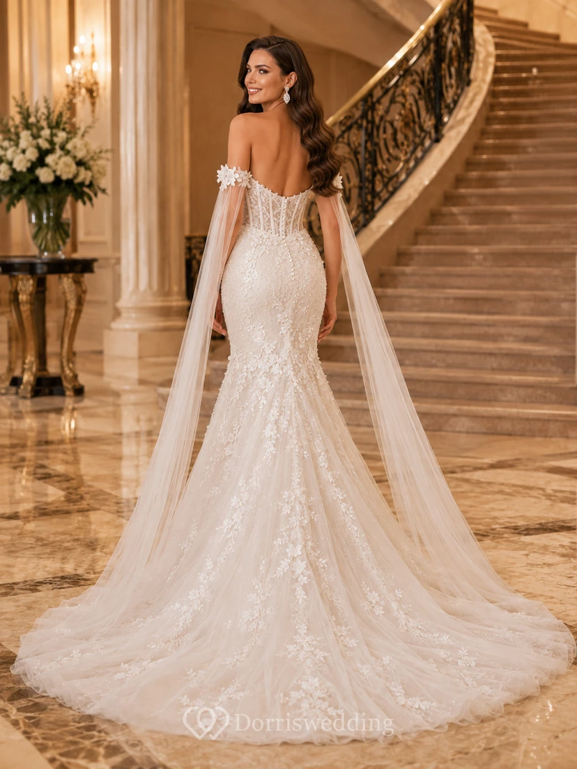 Robe de mariée sirène luxueuse en dentelle florale à épaules dénudées et manches courtes, ornée de fleurs, avec traîne chapelle. Robe de mariée botanique de luxe. view 2