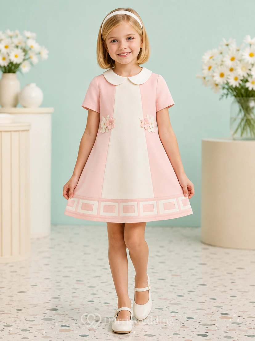 A-Line 1960s Mod Flower Girl Dress with Cap Sleeves, Floral Print, Knee-Length Skirt, Clean Bodice, 1960s Mod Ceremony Style