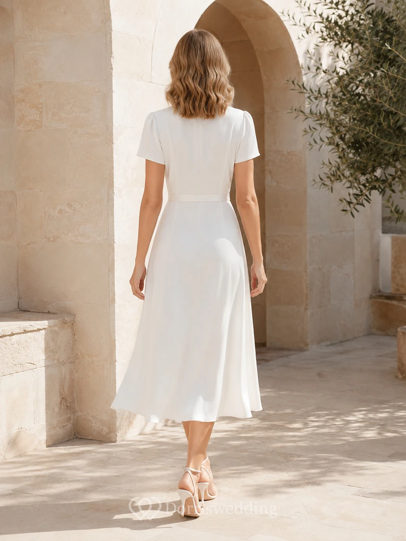 Robe de mariée civile simple portefeuille en satin, col V, manches courtes, coupe trapèze, longueur thé view 2