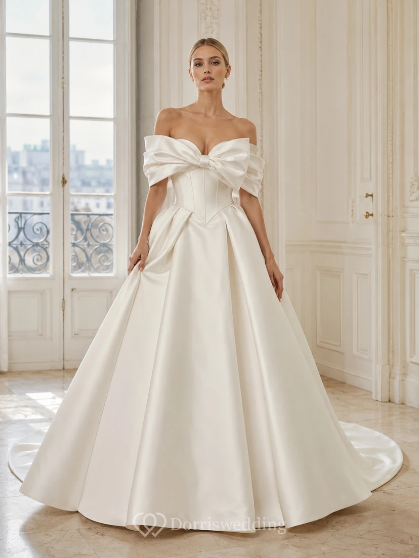 Robe de bal en satin à épaules dénudées et nœud, plissée, avec traîne chapelle