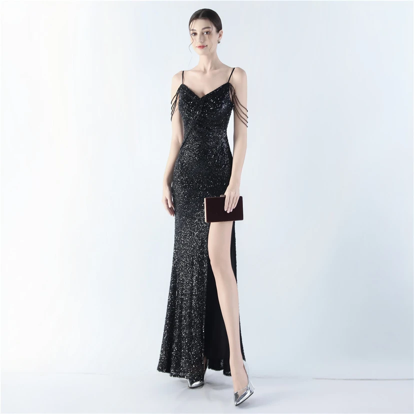 Robe de soirée sexy à bretelles et fente haute, ornée de perles et de perles artisanales. view 5