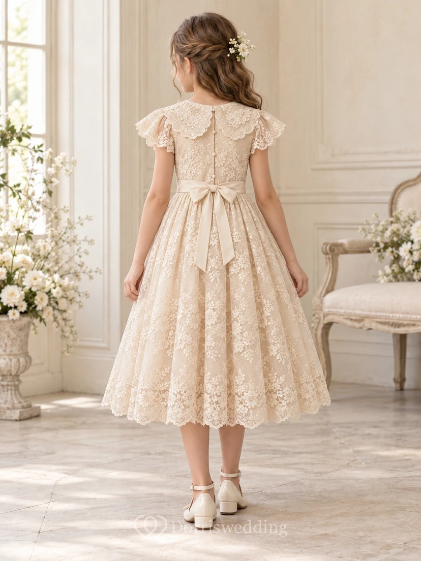 Tea-length Vintage Champagne A-line Lace Flutter-sleeve Scalloped Bow-back Flower Girl Dress view 2