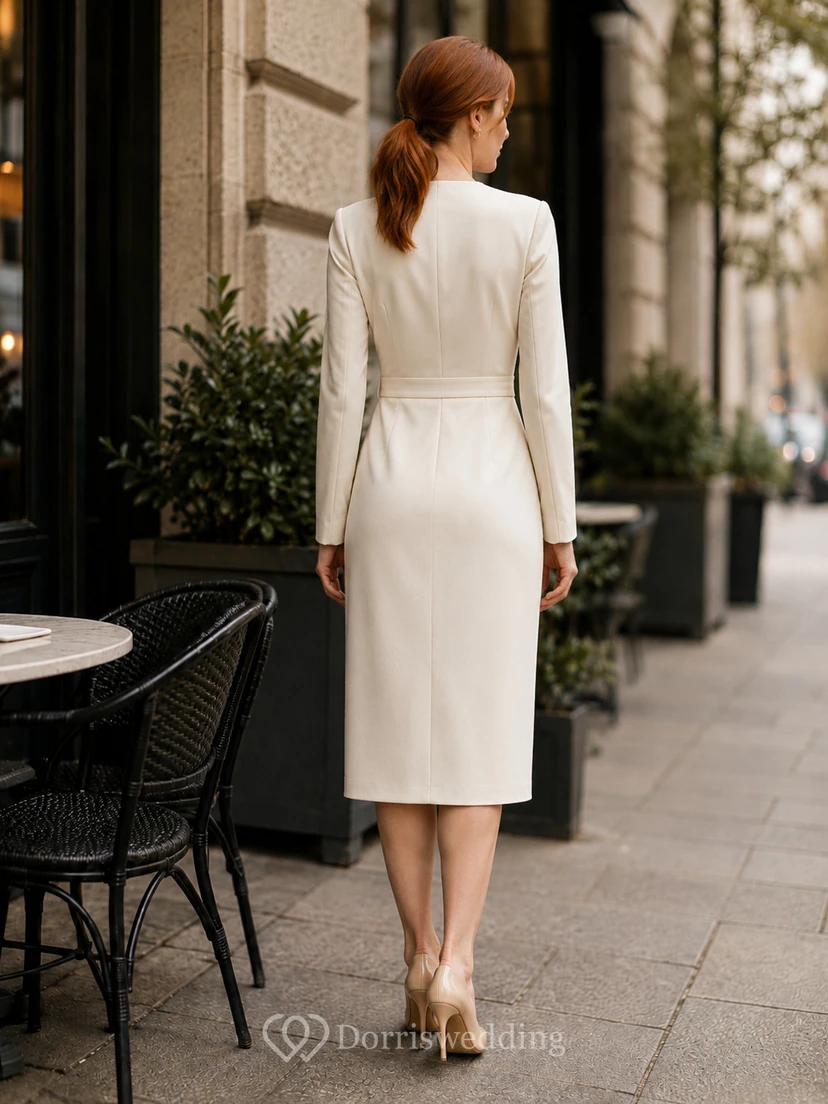 Robe midi professionnelle crème à manches longues et col en V, taille cache-cœur view 2