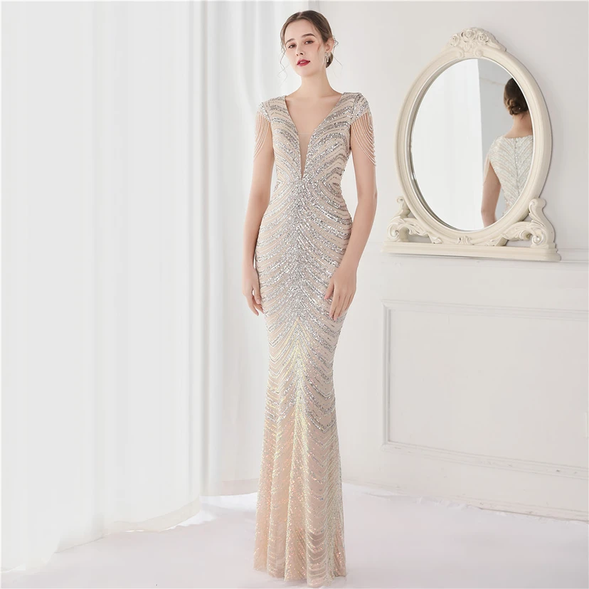 Paillettenbesetztes, handwerklich perfekt gefertigtes, perlenbesetztes Party-Abendkleid – sexy langes Kleid für die Braut view 5
