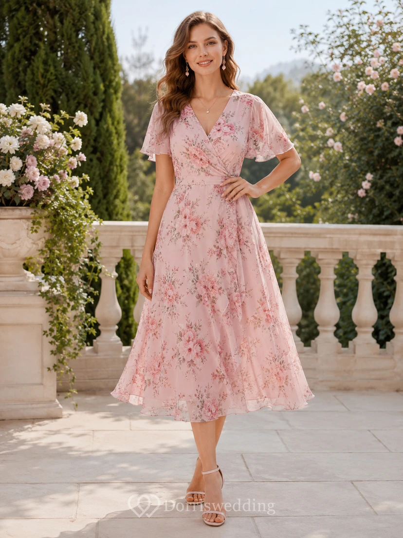 Vestido midi de invitada de boda con escote en V cruzado y mangas con volantes, estampado floral rosa.
