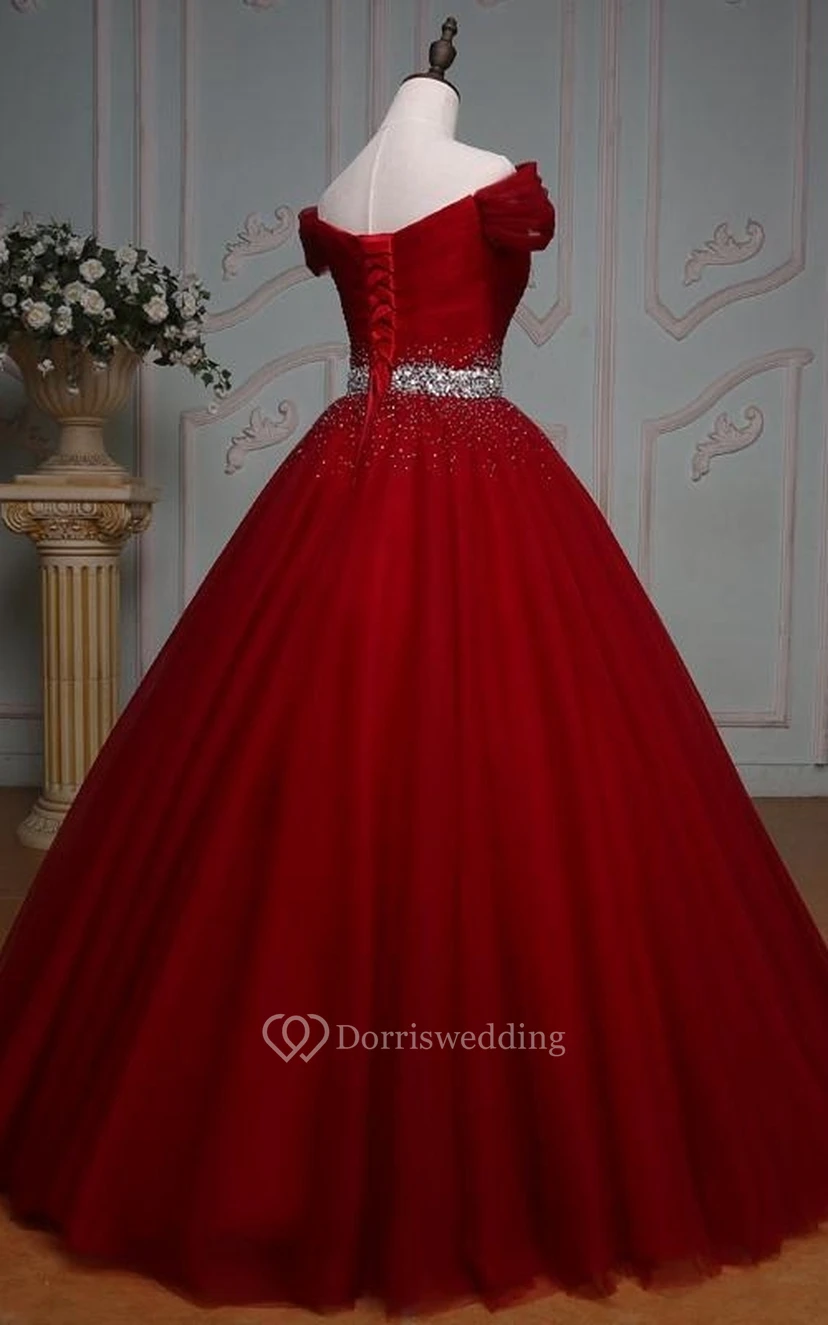 Ball Gown Maxi Off-The-Shoulder Sleeveless Bell Pleats Beading Corset Back Tulle Lace Dress view 14