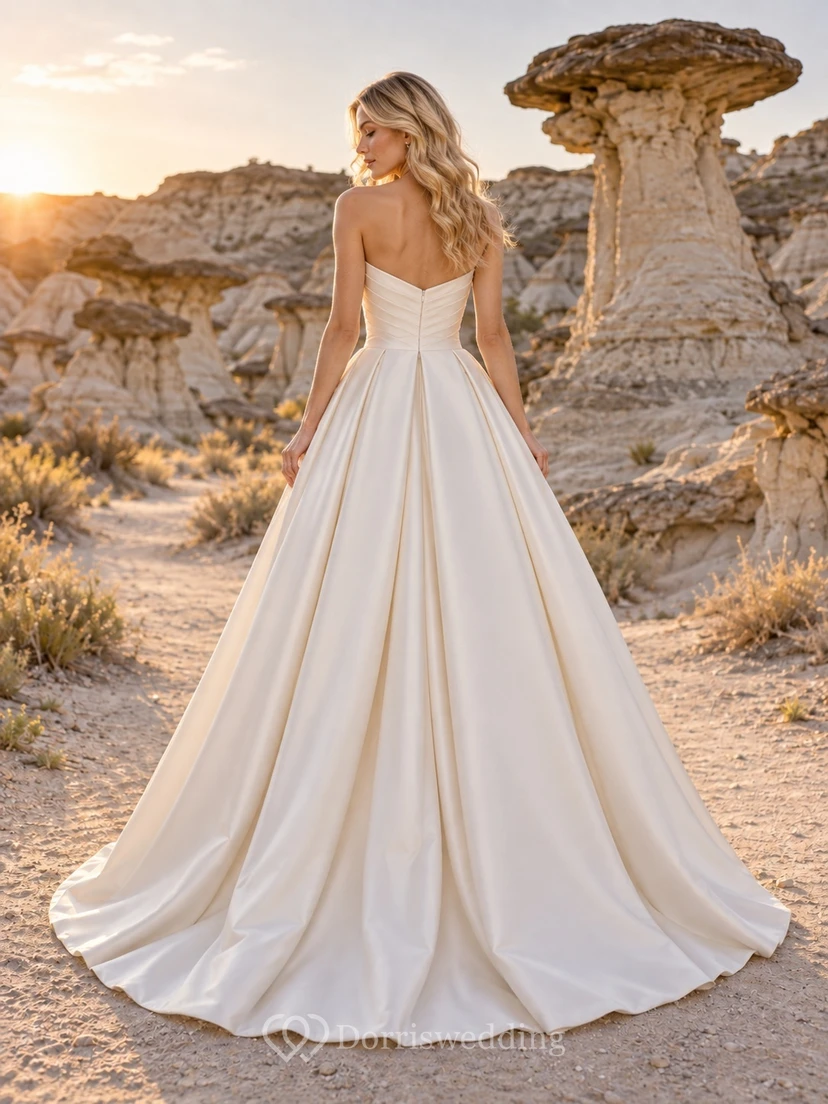 Vestido de novia sencillo, sin tirantes, de corte A, escote corazón, sin mangas, de satén plisado y largo hasta el suelo view 2