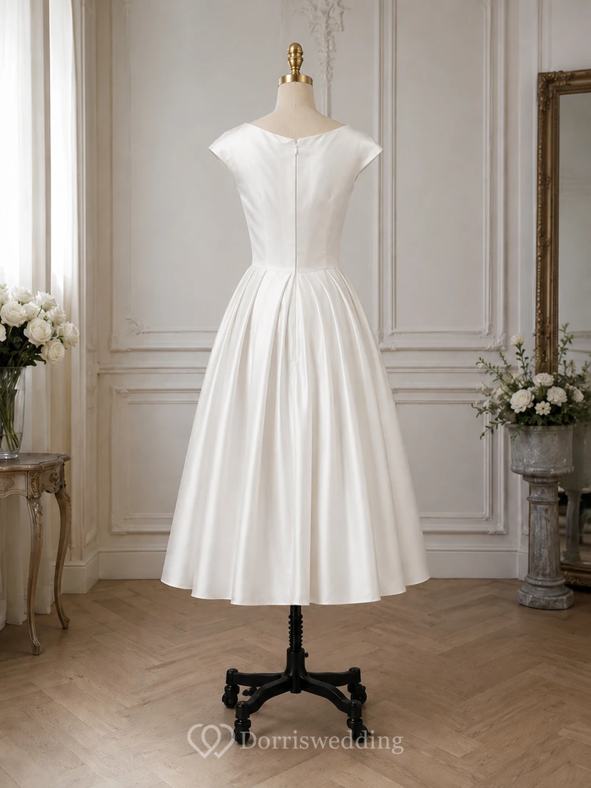 Scoop-neck Cap Satin Empire A-line Tea-length Retro Wedding Dress view 8