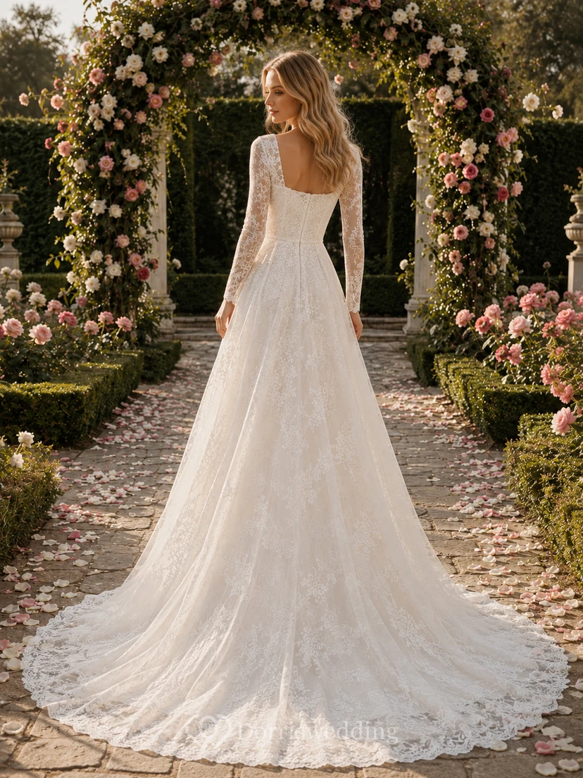 Square Neck Long Sleeve Lace Garden Train Bridal Gown view 2