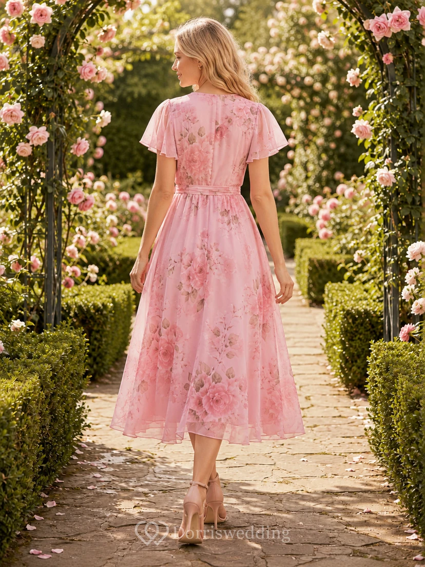 Pink Floral Wrap Flutter Sleeve Tea Length Garden Dress view 2